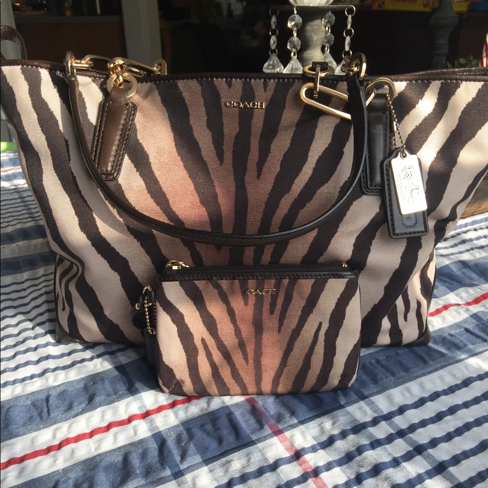Coach brown zebra stripe purse & matching wristlet